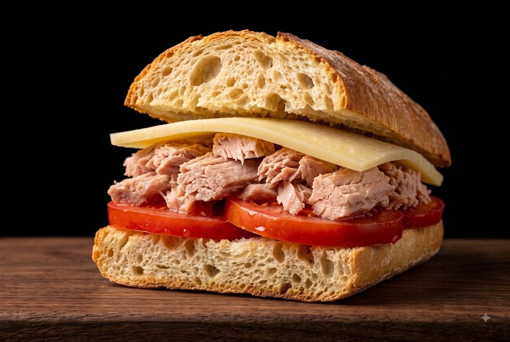 Bocadillo de tomate, atún y queso